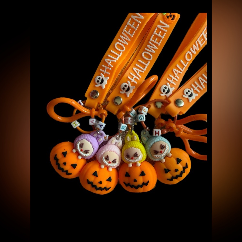 Labubu Halloween Pumpkin Keychains with Orange Straps
